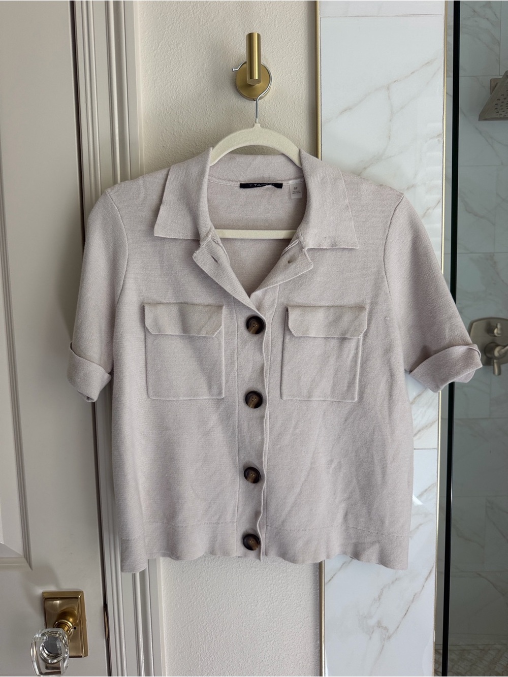 T Tahari Short-Sleeve Button-Front Knit Top in Light Beige